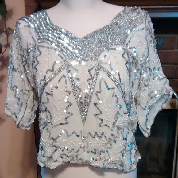 Tops - White Sequin and Pearl Silk Fancy Shirt